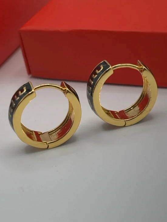 Luxury Designer Gold Tone Small Hoop Earrings Black Enamel Polished Logo Accent - Picture 12 of 15